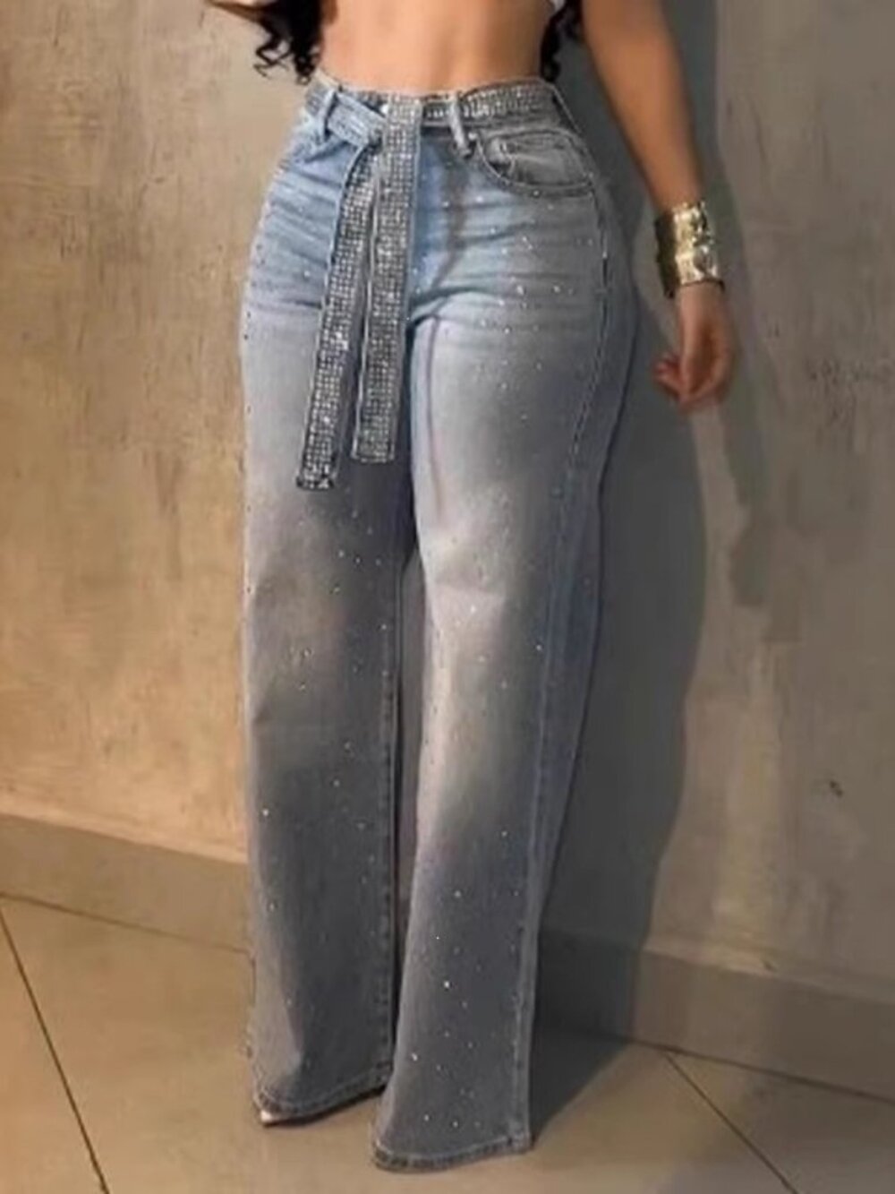 Women’s Rhinestone Wide Leg Jeans High Rise Light Wash